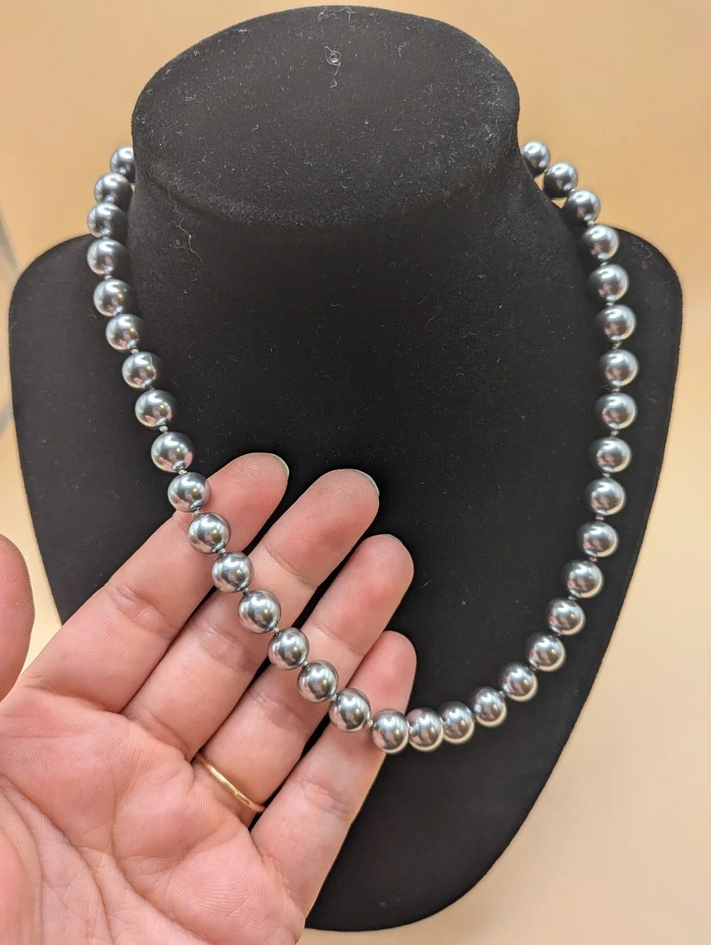 Vintage Silver Colored Faux Metallic Pearl Beaded Necklace Stamped Japan